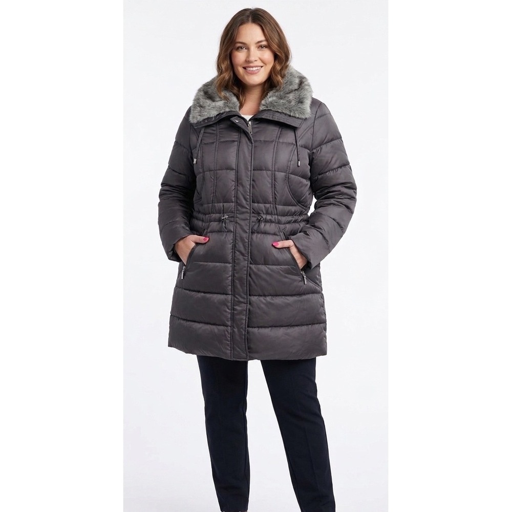 Laundry by Shelli Segal Women Charcoal Grey Faux Fur Trim Down Puffer Coat XL